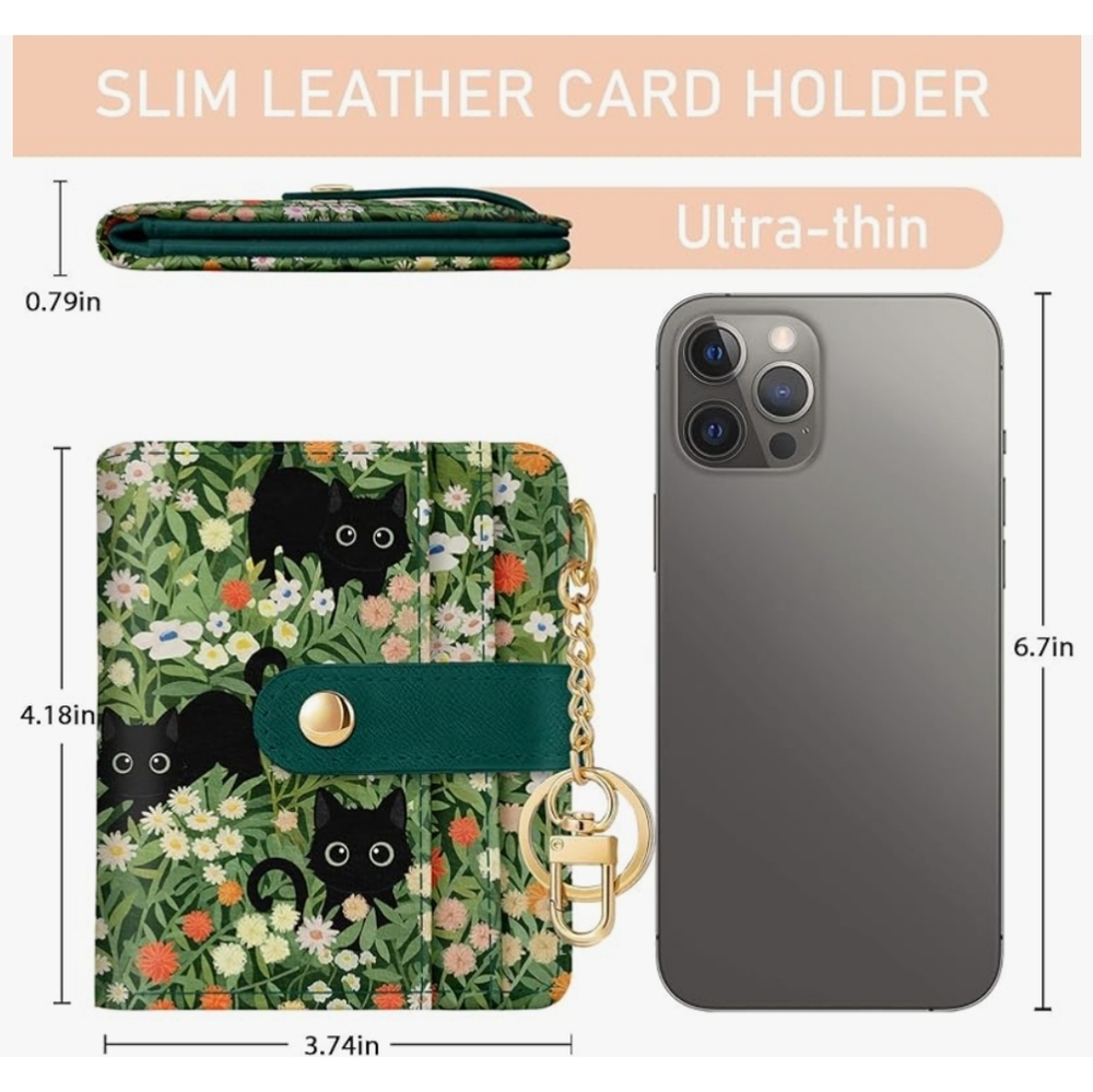 Black Cat Floral Rfid Women Wallet, Small Slim Thin Credit Card Wallet - Picture 4 of 5